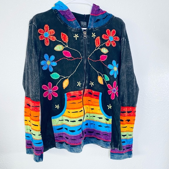 Jackets & Blazers - Boho Floral Embroidered Distressed Patchwork Zip Front Hooded Jacket Large